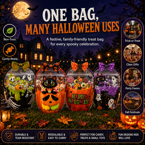 🎃 Halloween Self-Sealing Treat Bags – Pumpkin & Green Pot Candy Gift Pouches 🍬